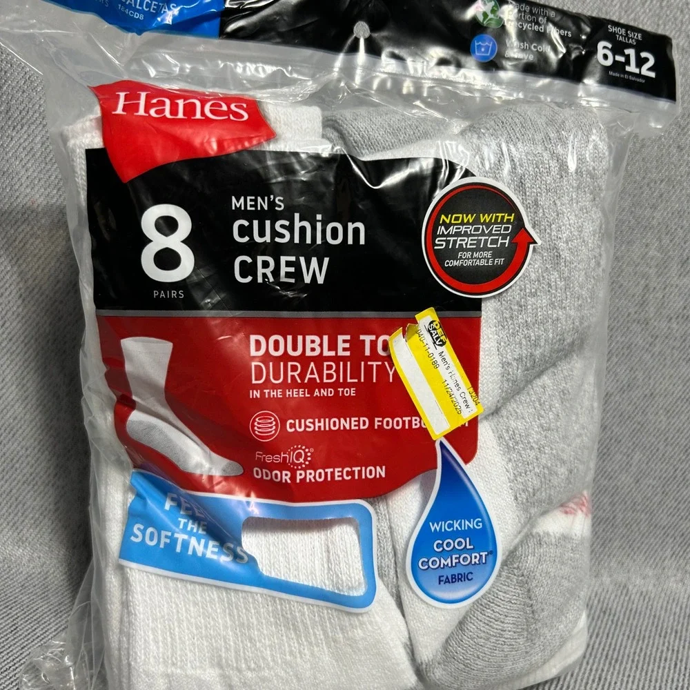 Hanes Mens Cushion Crew Socks 8 Pairs Size 6-12 White Grey Wicking Odor Control